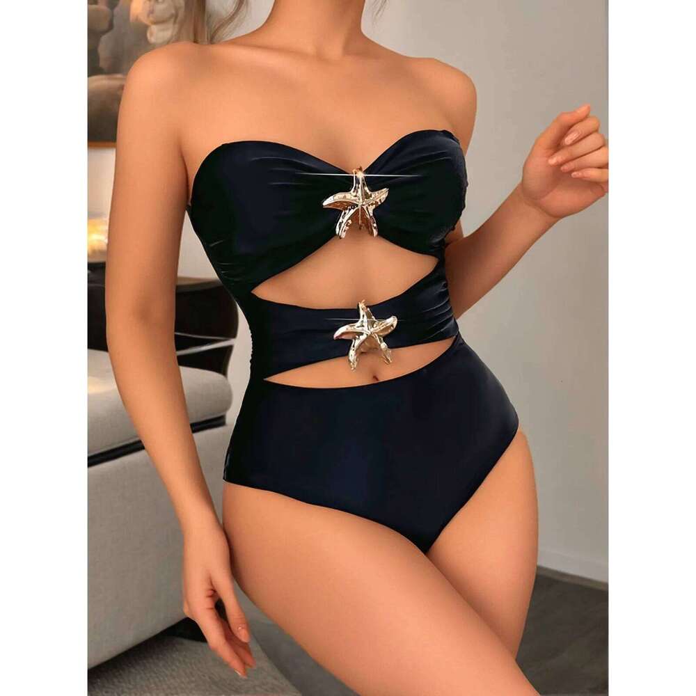 Solid Color Black One Piece Swimsuit for Women Starfish Strapless High Waist Hollow Out Bikini Monokini Beach Swimwear 2025 New