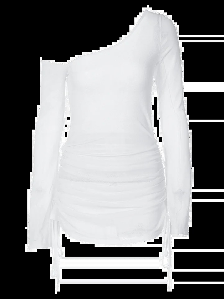 Dulzura Solid Skew Collar Ruched Straps LaceUp See Through Draw String Mini Dress 2023 Summer Women Party Clubwear Wholesale 250526