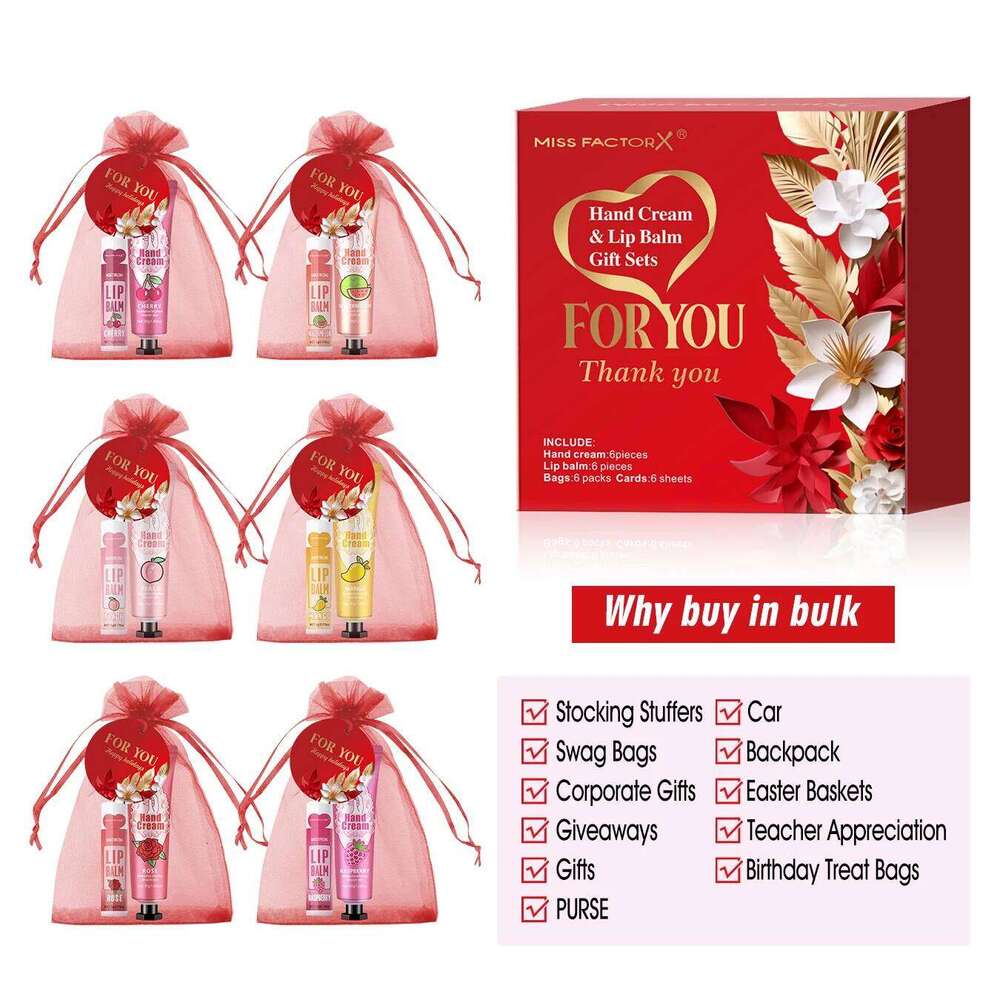 free shipping 24PCS/box lip balm in bulk, hand cream in bulk thank you card and red gauze bag, wedding gift to guests, Christmas and New Year