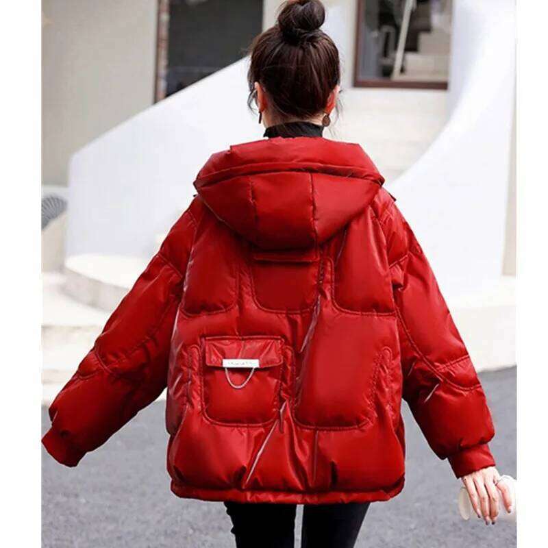 Glossy Down Cotton Jacket 2024 Winter New Thicken Padded Parkas Coat Women Warm Hooded Jackets Fashion Loose Short Outwear
