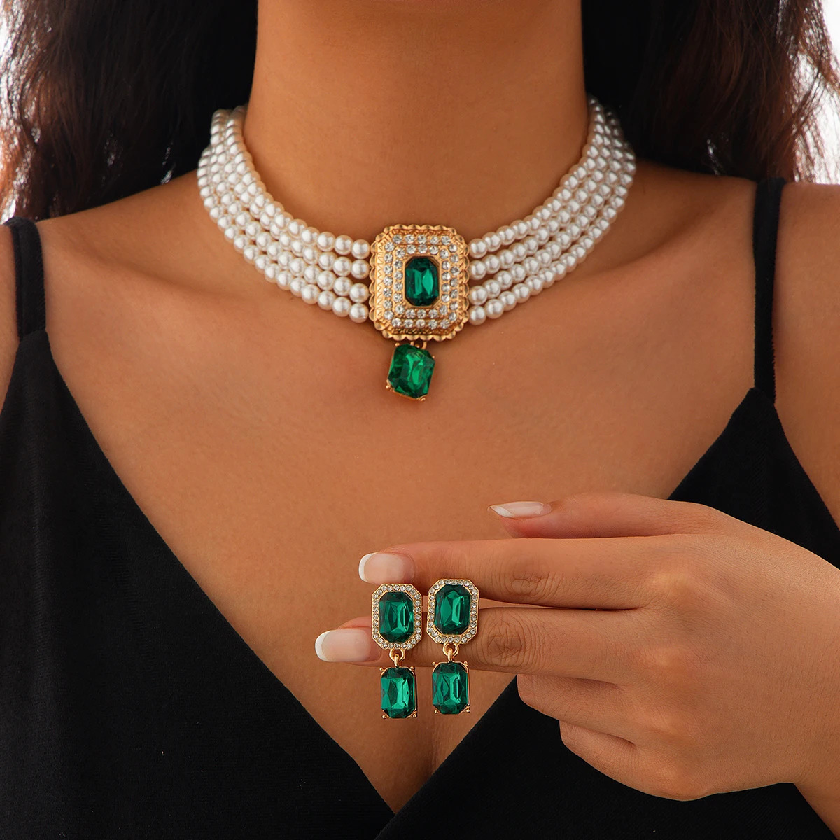 SHIXIN 2Pcs Multilayer Imitation Pearl Choker Necklace Earrings Bridal Green Rhinestone Neck Chain Wedding Jewelry Set 250618