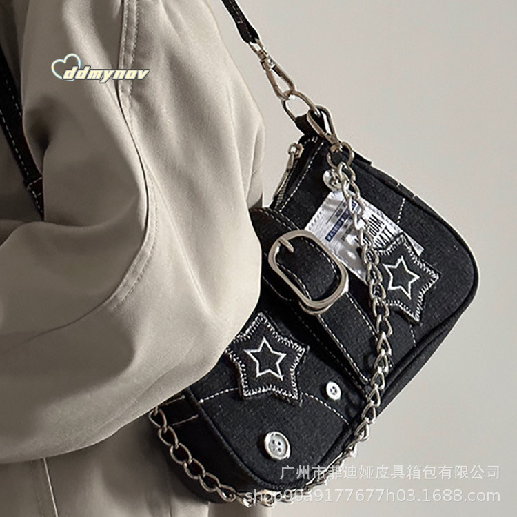 Y2K Millennial Underarm Women Button Denim Canvas Hot Girl Star Handbag Chain Bag ddmynov