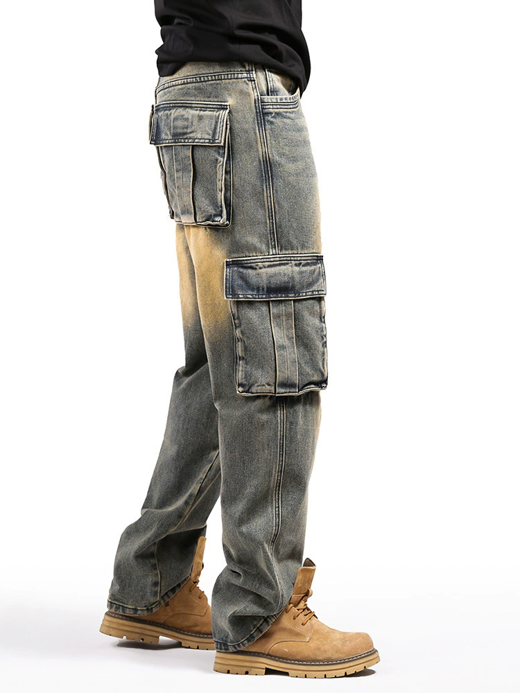 Hip Hop Cargo Jeans Men Streetwear Multi Pocket Baggy Straight Pants Autumn HipHop Denim Pants Jean Washed Length Trousers Big Size 44 P51908 Bottoms