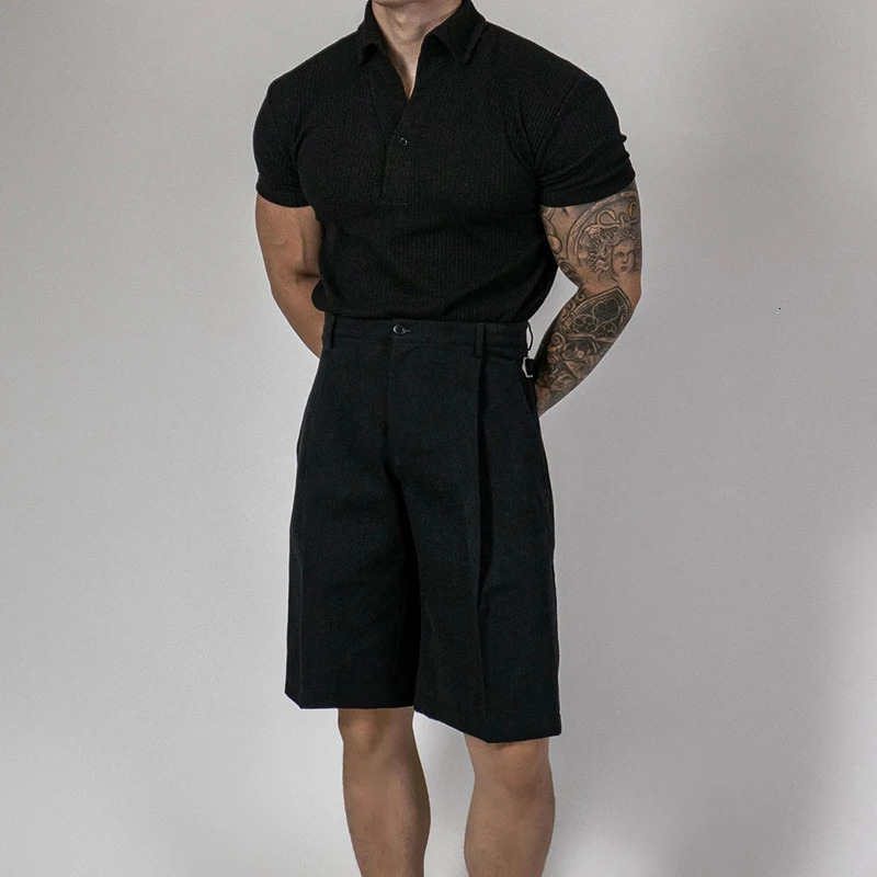 Trendy Ribbed Polo Shirts For Men Sports Fitness Muscle Short Sleeve Slim Stretch Tops Casual Pure Color Lapel Polo Mens T Shirt 250605