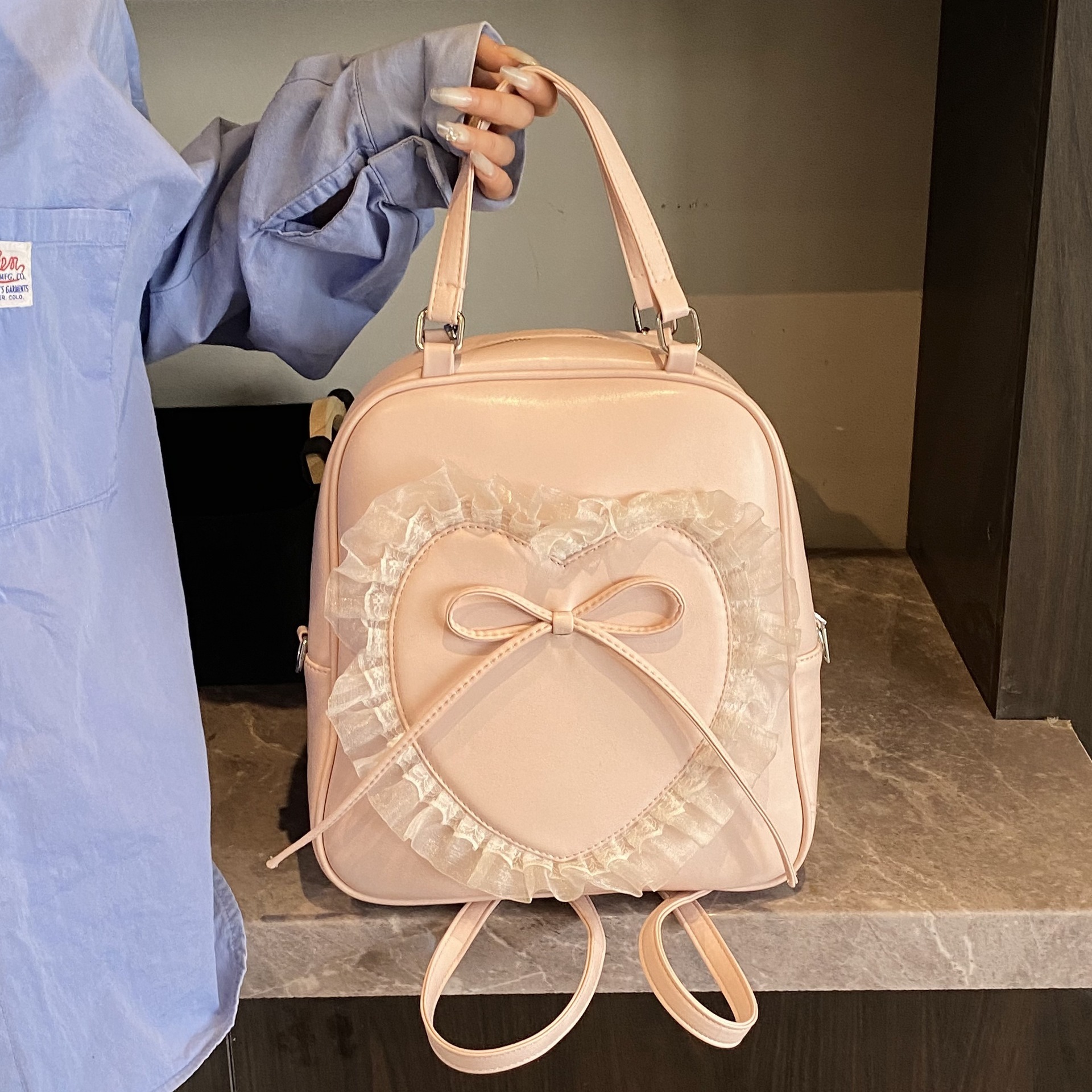 designer Korean Style Student Large Capacity Handbag for Women 2025 New Fashion Sweet Lace Heart Bow Backpack