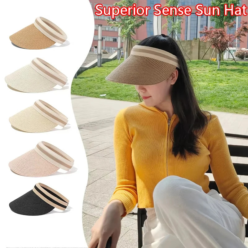 2025 Summer Empty Top Sun Hat Anti Uv Female Outdoor Visor Cap Casual Shade Hat Straw Wide Large Brim Beach Sunhat Lady 250603
