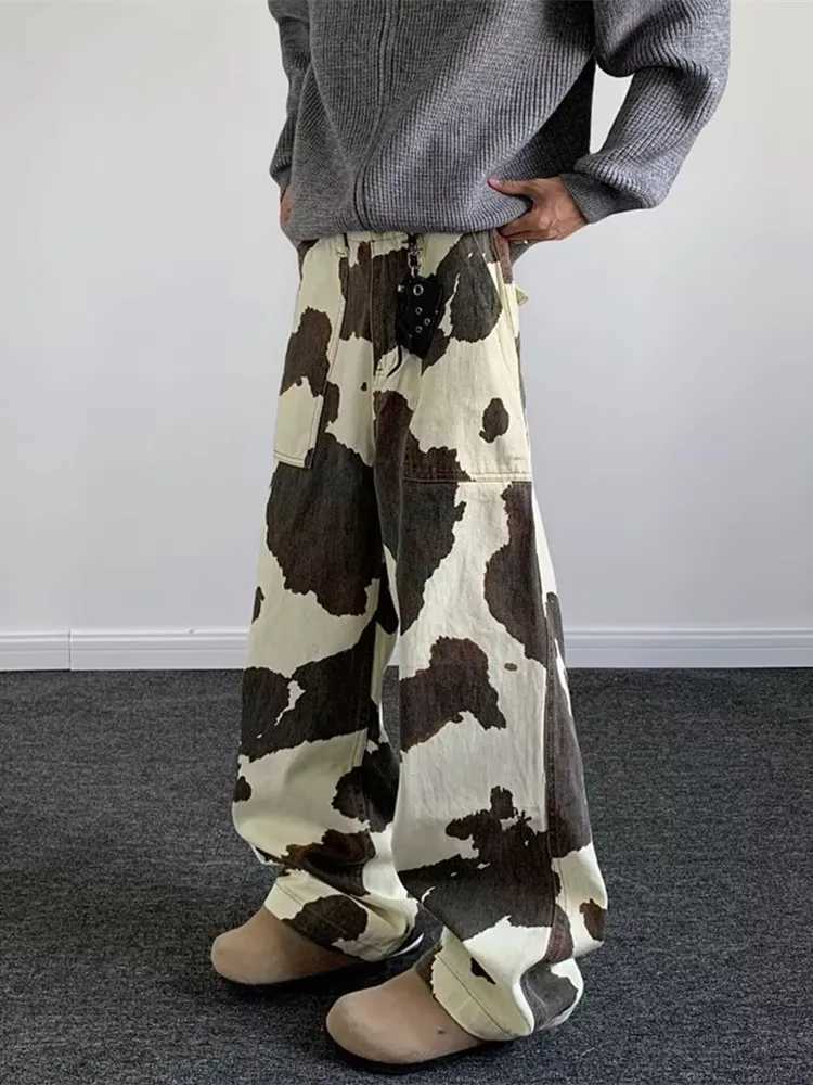 2025 Cyber Y2K Streetwear Cow Pattern Baggy Pants For Men CloTHing Wide Leg Straight Cotton Long Trousers Mens CloTHing Z250605