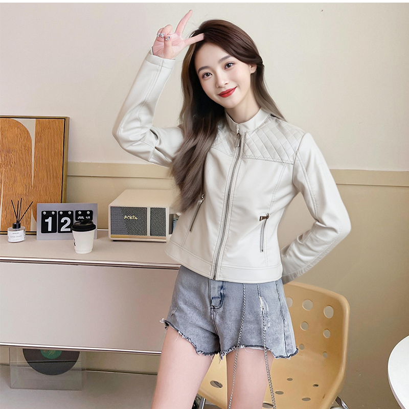 PU leather stand up collar short leather jacket for women with a sense of luxury, short stature, new leather jacket jacket, motorcycle suit top