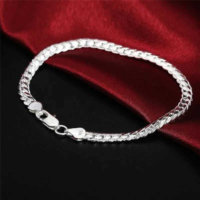925 Sterling Silver Bracelet 6mm 18cm Flat Side Chain Lobster Clasp For Women Men Wedding Engagement Jewelry Silver Bracelet W250606