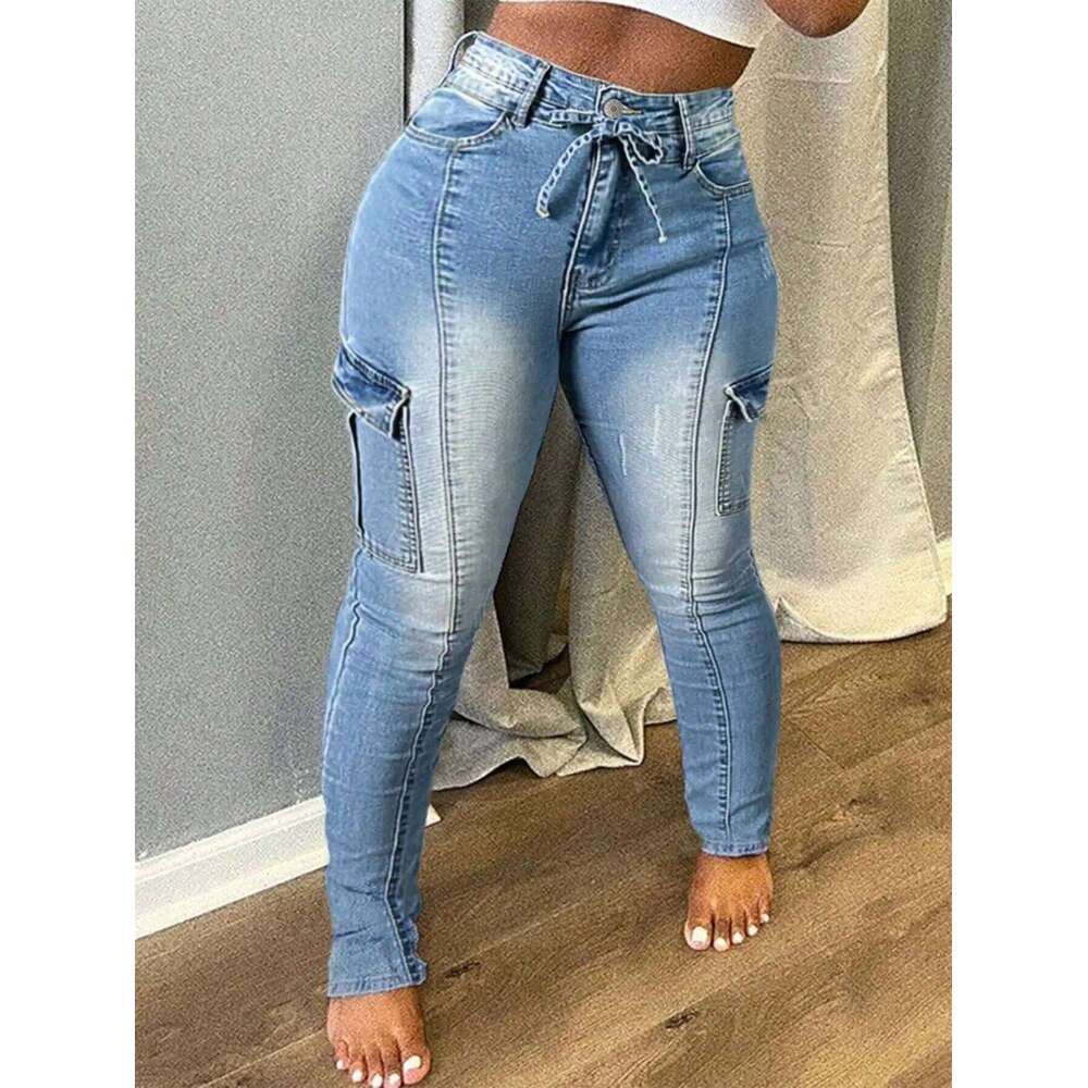 Solid Color Elastic Fashion Jeans, Sexy Tight-Fitting Jeans With Pockets And Drawstring, Women's Wear