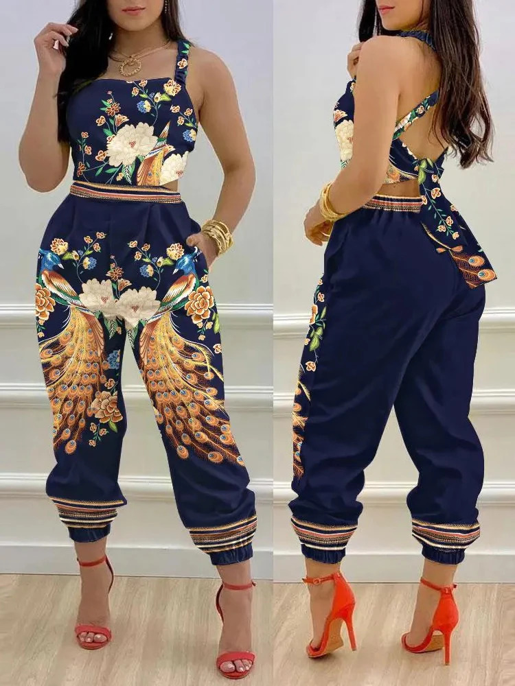 Summer Fashion Printed Sleeveless Jumpsuit Sexy Hollow Backless Lace Up Long Jumpsuits Elegant Casual Jumpsuit With Pocket 250605