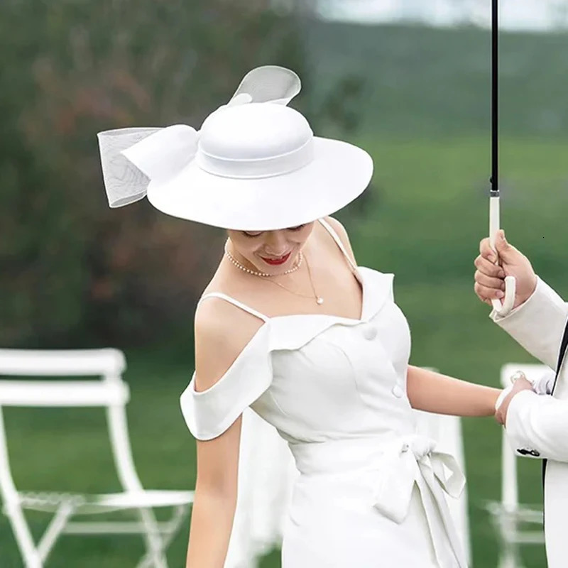 French Bownot Satin Top Hat Women Banquet Fascinator Bride Wedding Black Fedora Hat 250604