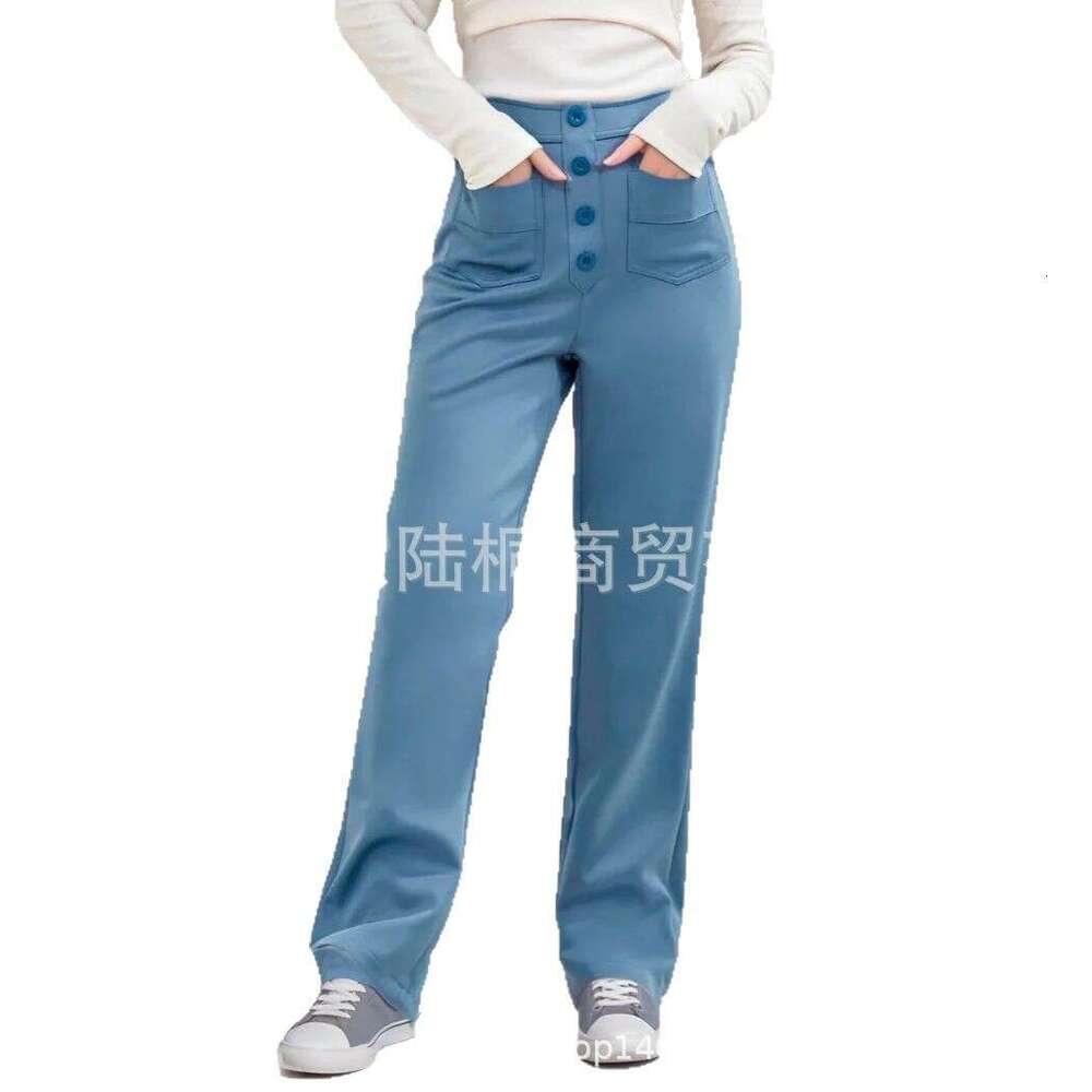 Fashion New Women's Casual Straight Pants High Waist Button Elastic With Multiple Pockets B5