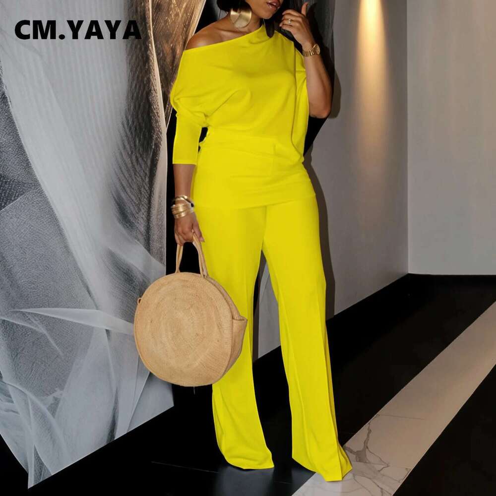 CM.YAYA Women's Set Full Sleeve Skew collar T-shirt + Wide Leg Pants Suit 2024 Fall Winter Fiess Two 2 Piece Sets Outfits