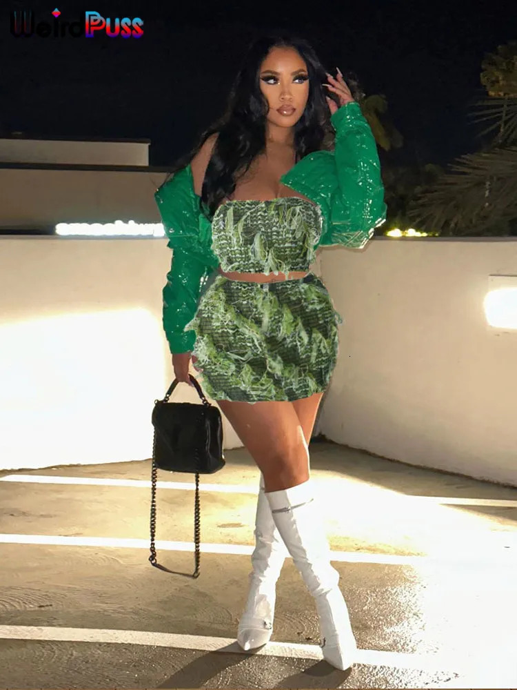 Weird Puss Sexy Hollow 2 Piece Set Women Sexy Summer Hipster Tassel Stretch Strapless TopsPeach Hip Skirts Matching Clubwear 250605