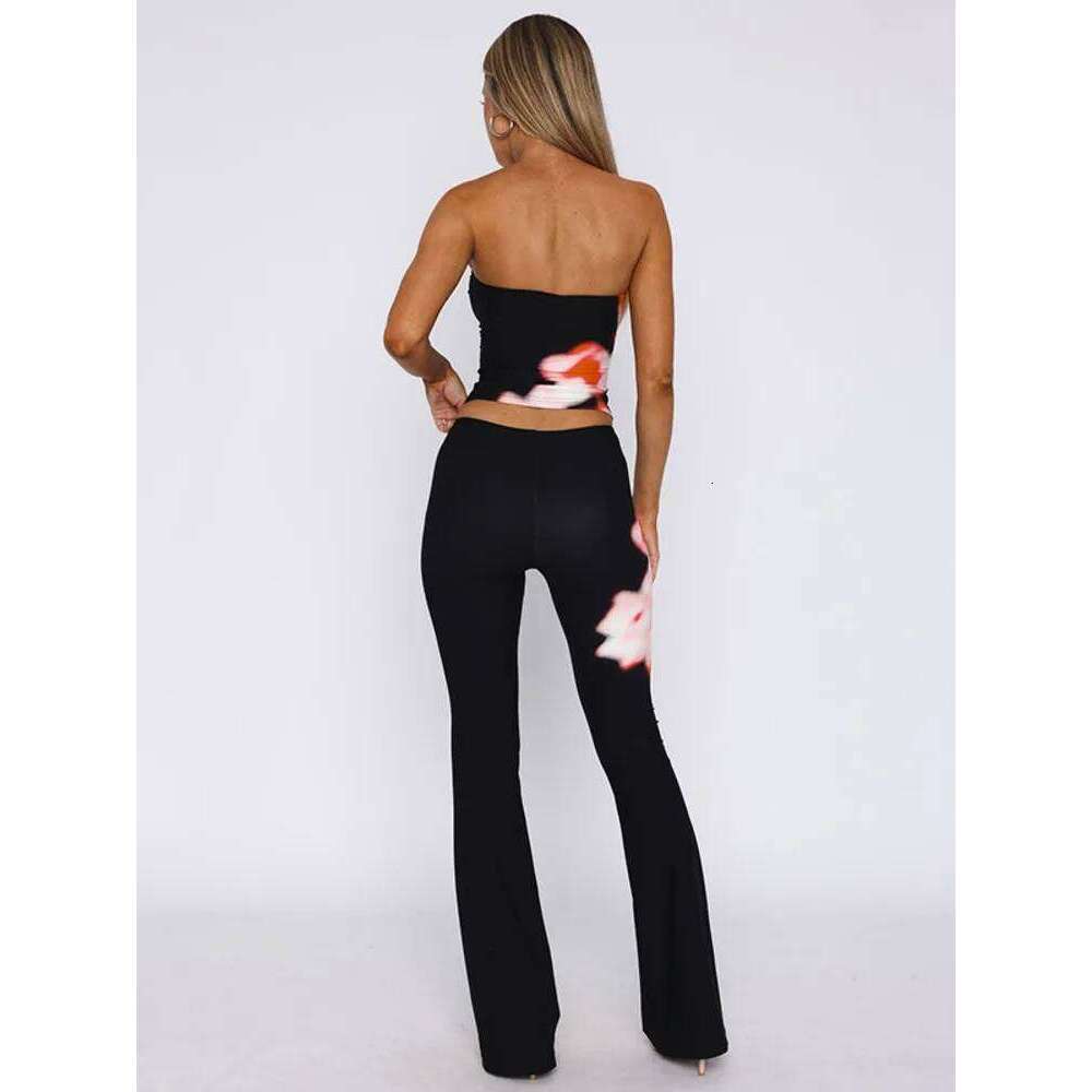 Mozision Print Long Pants Sets Women Off-shoulder Strapless Crop Top And Trouser Female Matching Elegant Flare Pant Set
