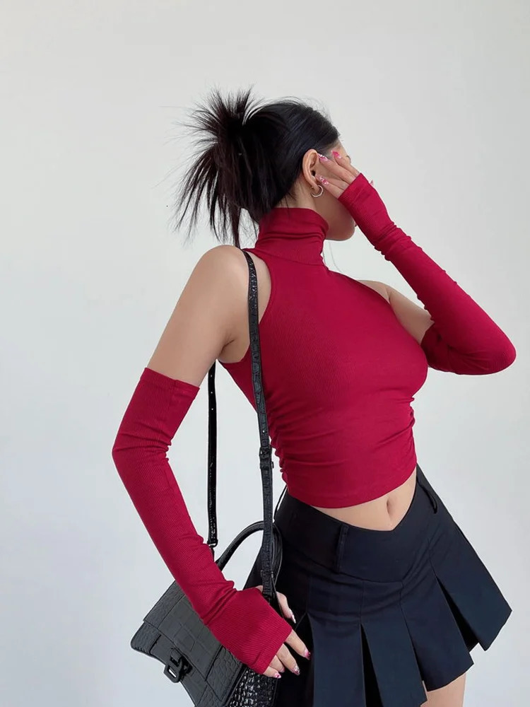 Spring Summer Top Sexy Tank Spicy Girl Sleeves High Neck Pleated Club Crop Women tshirt Skinny Streetwear Y2k Clothing 250527