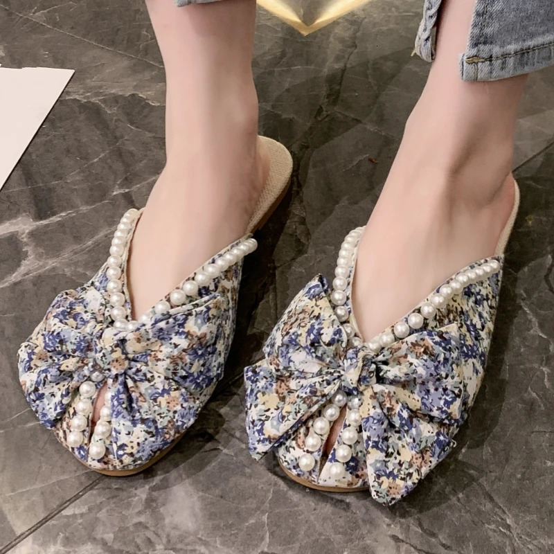 Summer Fashion Comfortable Pearl Bow Round Head Flat Sandals Bag Toe Versatile Large Size Simple Fashion Slippers for Women 250603