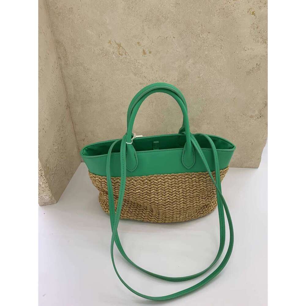 Spring Summer New Straw Tote Patchwork Color Block Handbag Shoulder Pastoral Style Woven Vacation Bag