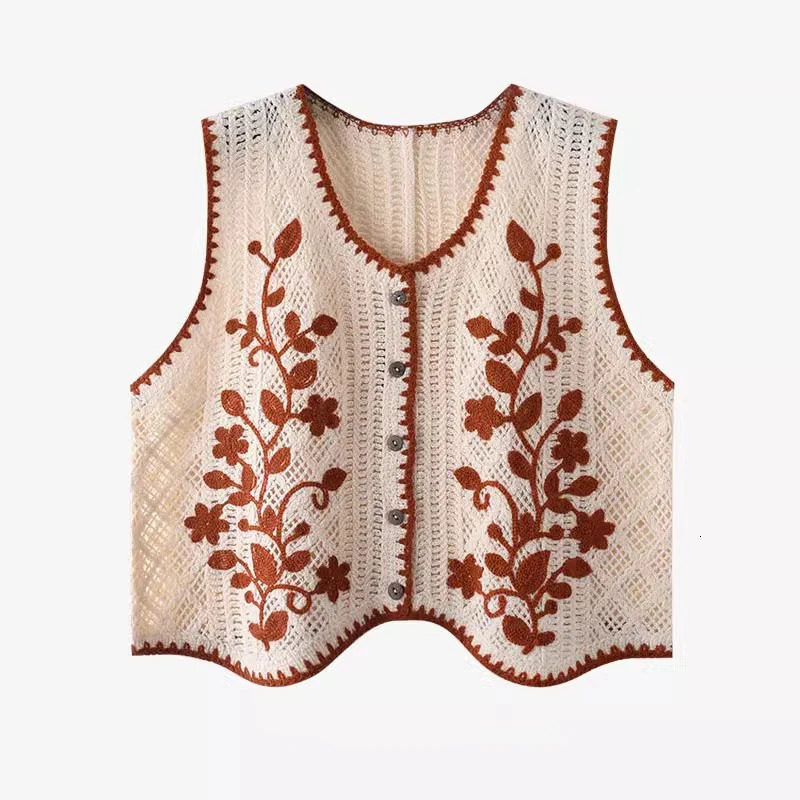 Flower Embroidery Crochet Waistcoat Top Sleeveless Button Front Vest Cardigan Women Spring Summer Vintage Fairycore Cottagecore 250530