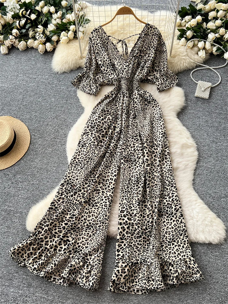 SINGREINY Summer Streetwear Jumpsuit Female V Neck Flared Sleeves Elastic Waist Slim Fit Fashion Leopard Print Long Rompers 250530