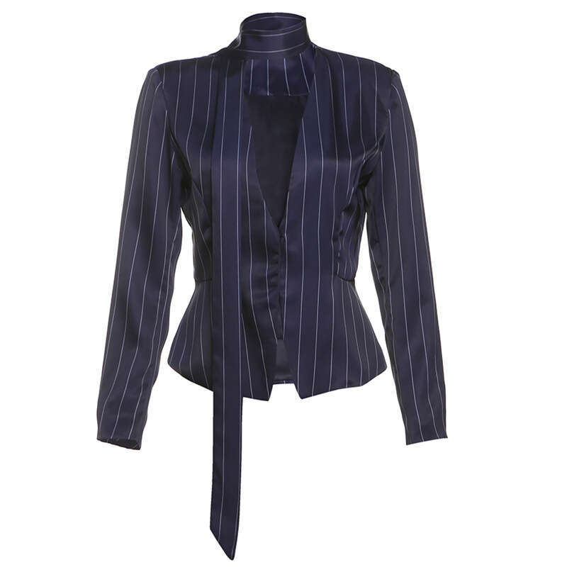 Fashion Autumn Winter New Women's Color Block Striped Print Slim Fit Waist Commuter Style Deep V Top B5