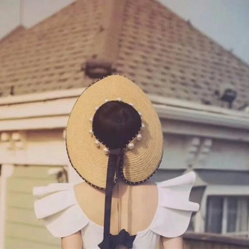 4Color Pearl Foldable Straw Hats For Women Ladie Empty Top Wide Large Brim Visor Cap Adjustable Beach UV Protction Hat 250603