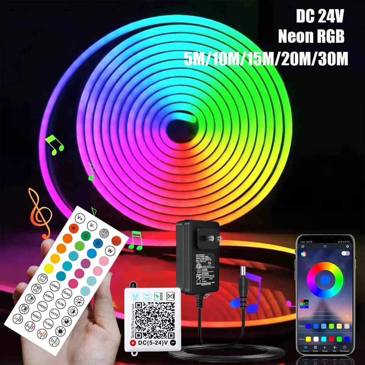 RGB Neon LED Light Strip DC24V Outdoor Waterproof 5M 30M 10/15/20 Meters Neon LED Tape Bluetooth App Smart Neon LED Bar Ribbon Z250605