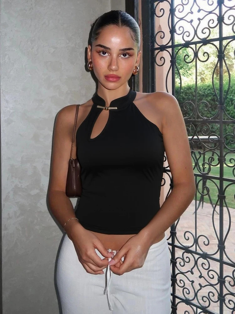 Weird Puss Cheongsam Buckle Tank Tops Women Y2K Summer Trend Basic Classic Hollow Solid Simple Street Stretch Daily Chic Vest 250605