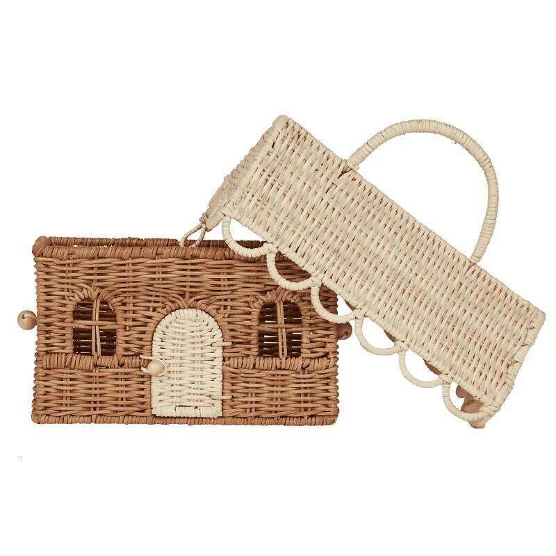Funny House Rattan Wicker Woven Handbag Straw Knitted Box for Women 2025 Handmade Travel Beach Bags Square Basket Bag