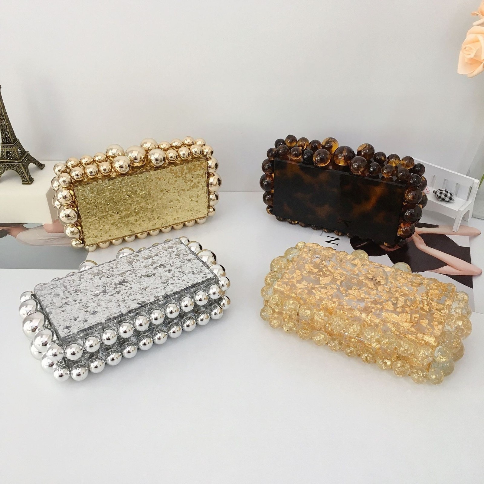 Acrylic bag Mini square bag Beaded dinner bag Womens bag INS Chain acrylic bag One shoulder crossbody bag 250327