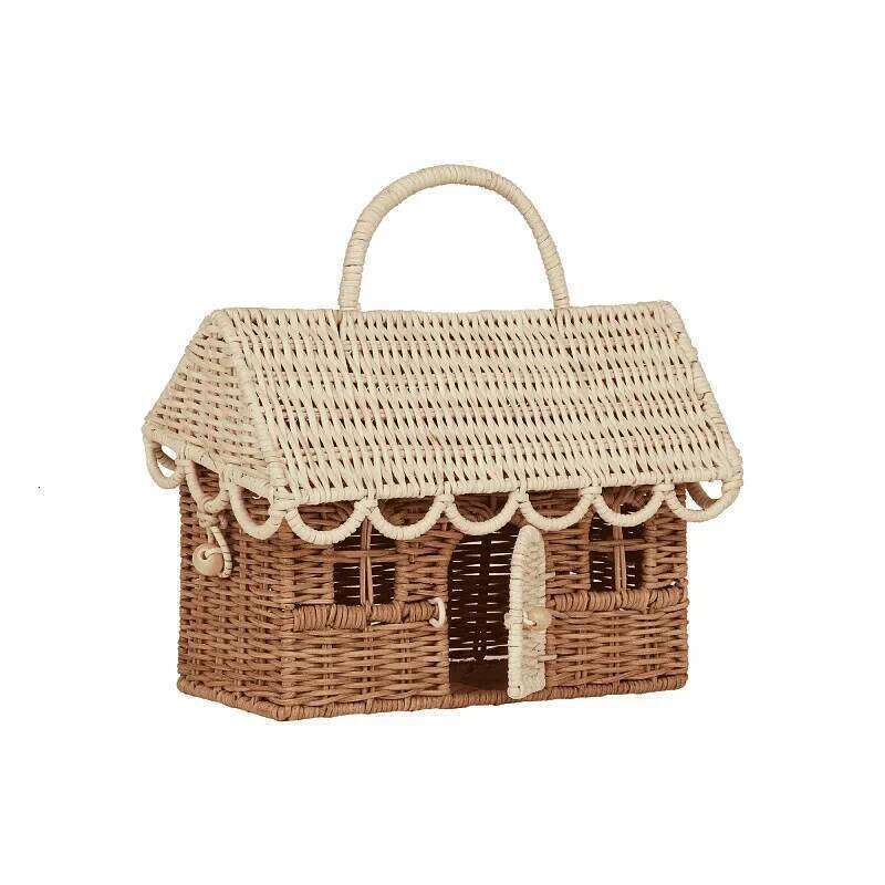 Funny House Rattan Wicker Woven Handbag Straw Knitted Box for Women 2025 Handmade Travel Beach Bags Square Basket Bag