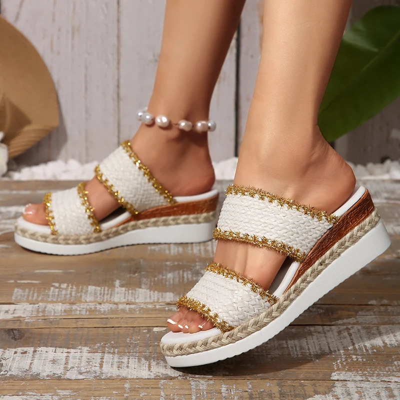 Vintage Woven Wedge Heeled Slippers Women Summer Plus Size 36-43 Thick Bottom Sandals Woman Comfort Platform Beach Sandles Mujer 250605