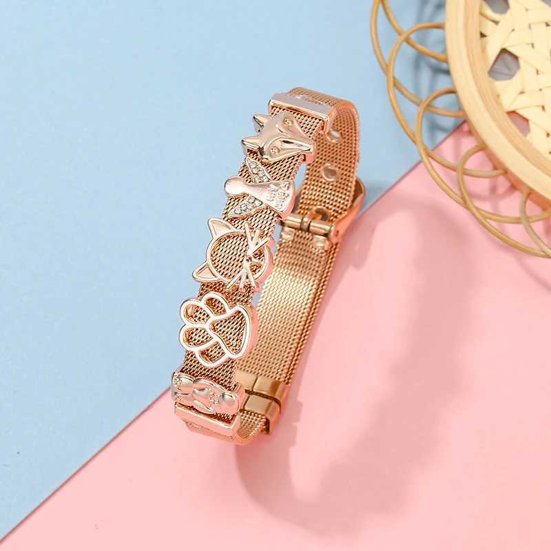 Stainless Steel Watch Belt Mesh Bracelet Micro Pave CZ Crystal Fairy Fox Charm Bracelet For Women Men Party Wedding Jewelry Gift W250606