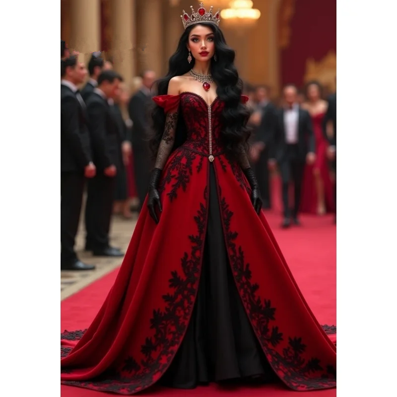 Gothic Red And Black Princess evening gown Lace Appliques Off Shoulder Corset baroque Customized prom Reception Dress