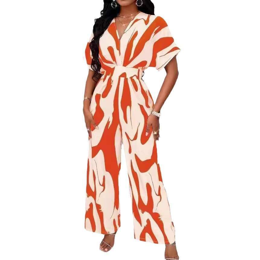 Women's Fashion Elegant V-Neck Full Print Batwing Sleeve Wide-Leg Jumpsuit B5