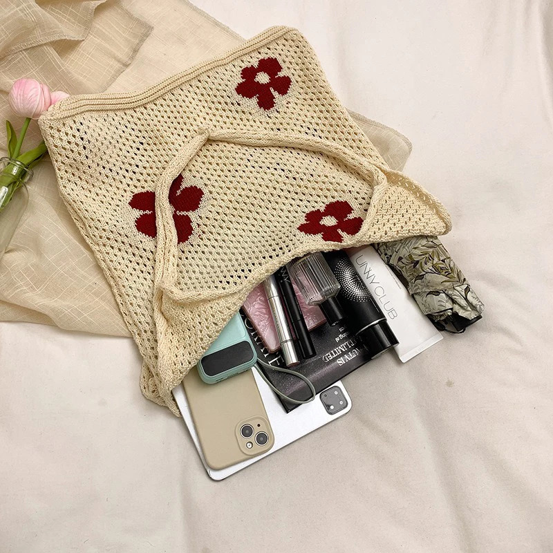 Summer Versatile Largecapacity Shopping Bag Simple Woven Flower Mesh Perforated Womens Singleshoulder Bag 250605