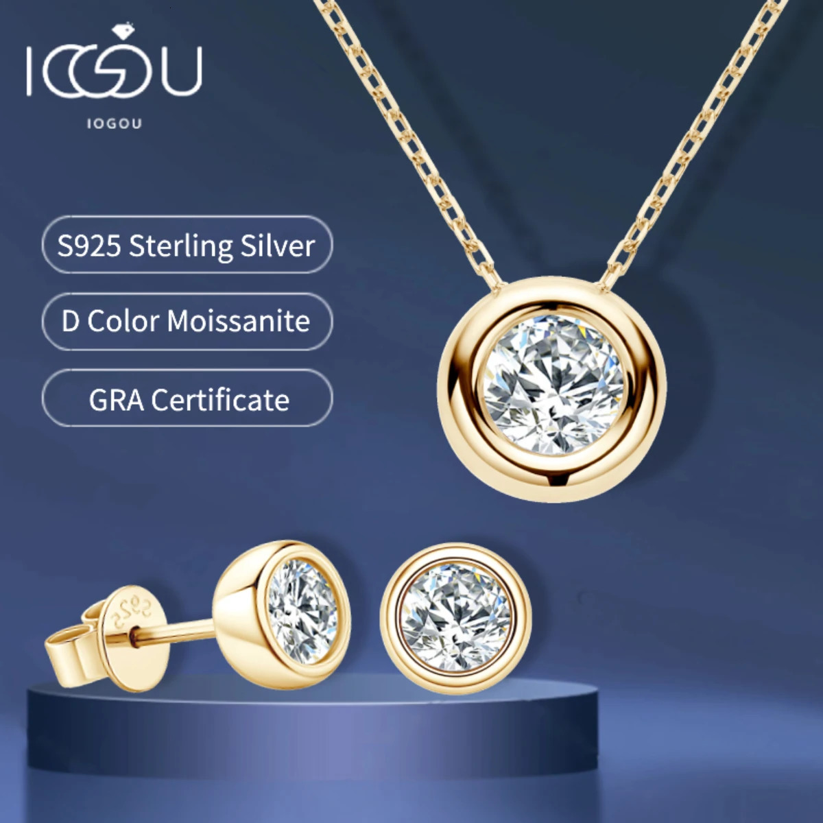 IOGOU Real 3ctw. D Color Jewelry Set 925 Silver 18k Gold Plated Pendant Necklace Stud Earrings Set for Women Men Gift 250530