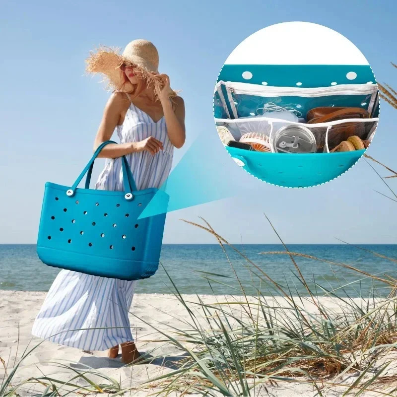 EVA Rubber Waterproof Shopping Basket Beach Pool Transparent Insert Jelly Tote Bag Waterresistant divided inner pocket 250605