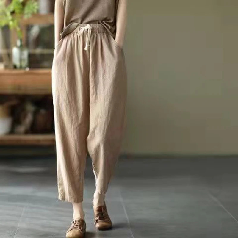 Solid Color Cotton and Linen Pants for Woman Vintage Loose Streetwear Harem Trousers Female Casual High Waist Drawstring Pants 250605