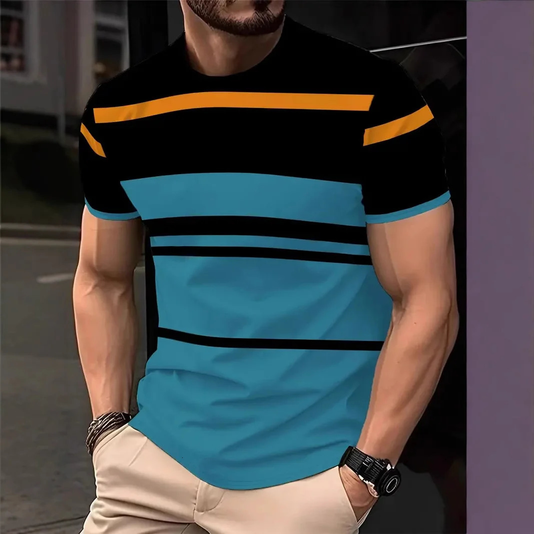 2025 Summer Mens Fashion 3D T Shirt Splicing Printed Colorblocking Casual Slim Short Sleeve Outdoor Sports Running Fitness Top 250605