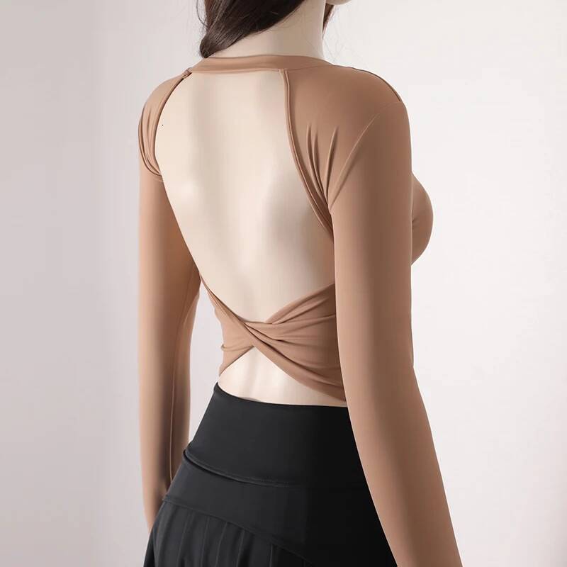 Ddmyoutdoor Sexy Twisted Crossover Hollow Out Back Sports Tshirt Short Gym Fiess Crop Top Long Sleeve Yoga Shirt For Women With Fixed Pads Jogging Sui