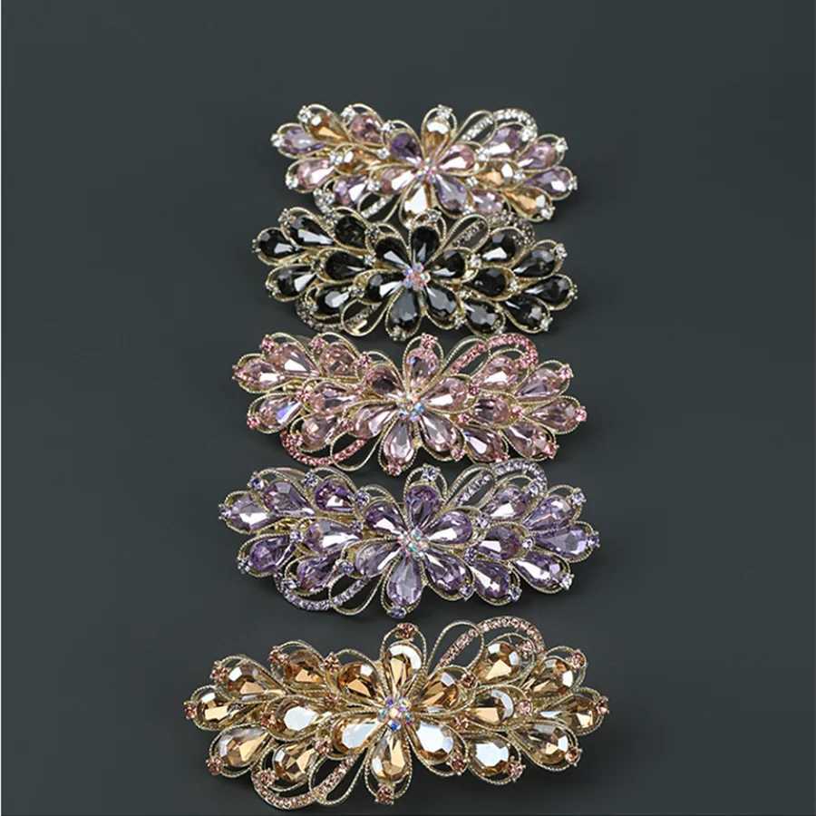 Korean Retro Crystal Flower Spring Hair Clip Vintage Rhinestone Horizontal Clip Top Clip Elegant Mom Fashion Hair Accessories Z250605