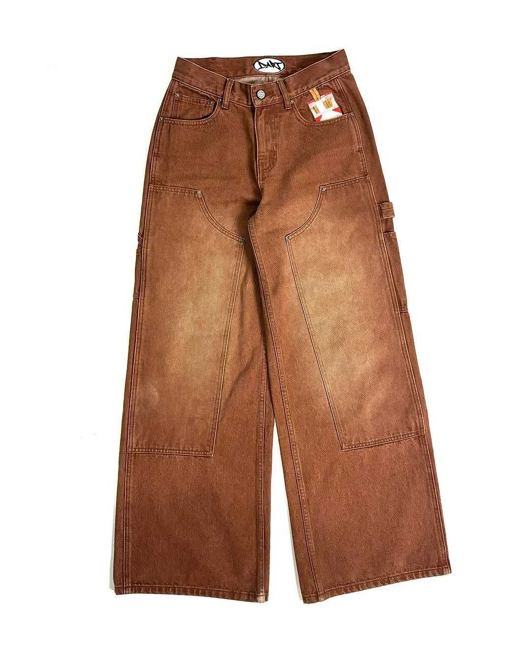New Y2K Gothic Punk American Retro Punk Embroidered Jeans Mens Washed Old Brown Loose Straight Wide Legs Fashionable Jeans Z250605