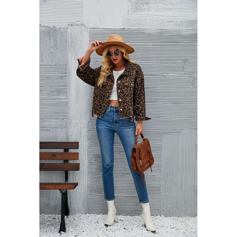 Women's Clothing Autumn Winter New Leopard Print Fashion Casual Denim Short Jacket B5