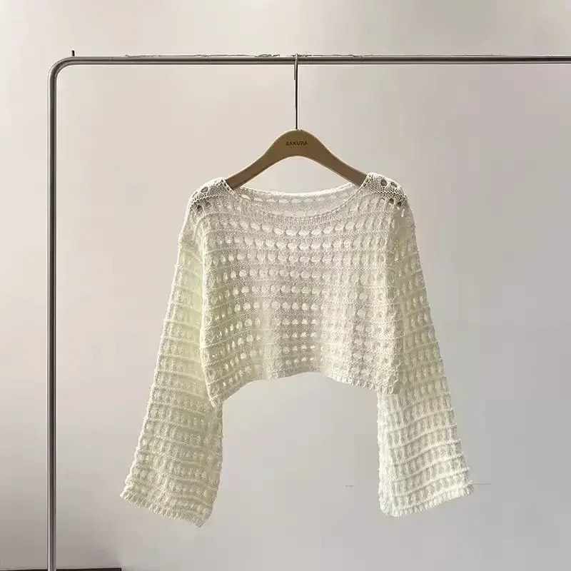 2025 Y2K Long Sleeve Crochet Knit Top Summer Beach Bikini Cover Up Crop Pullover Wool Knitwear Blouse Women Vacation Boho Outfit 250530