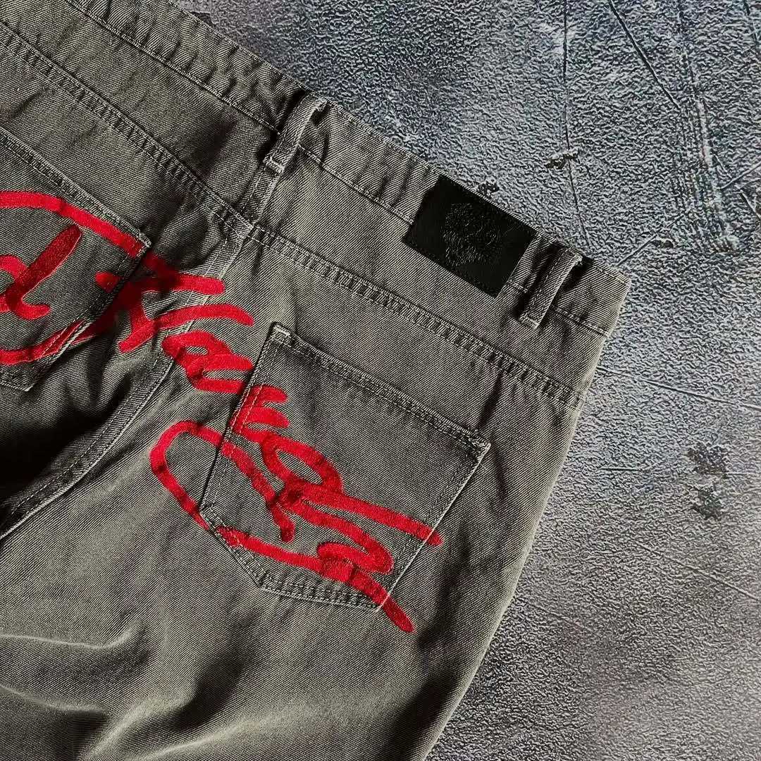 American Harajuku GoTHic Embroidery Text Pattern Washed Jeans Mens Street Pop Hip Hop Rap Unisex Jeans Z250605