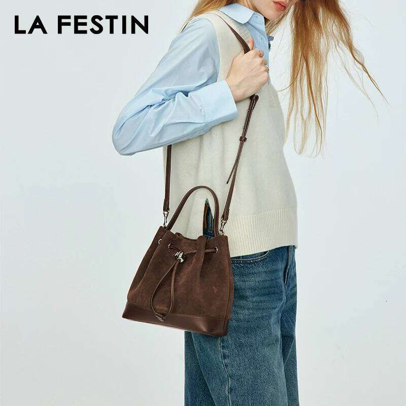 LA FESTIN Original New Women Suede Leather Handbag Winter Bags Fashion Shoulder Bucket Crossbody Bag