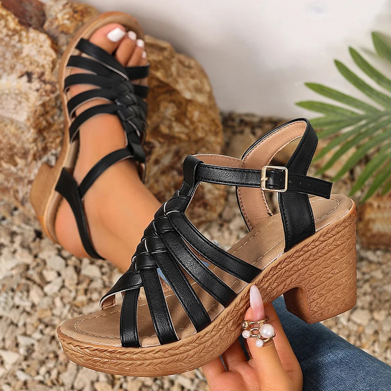 Fashion Woven Straps Chunky Heel Sandals Women Summer Ankle Buckle High Heeled Rome Shoes Woman Open Toe Platform Sandles 36-42 250605