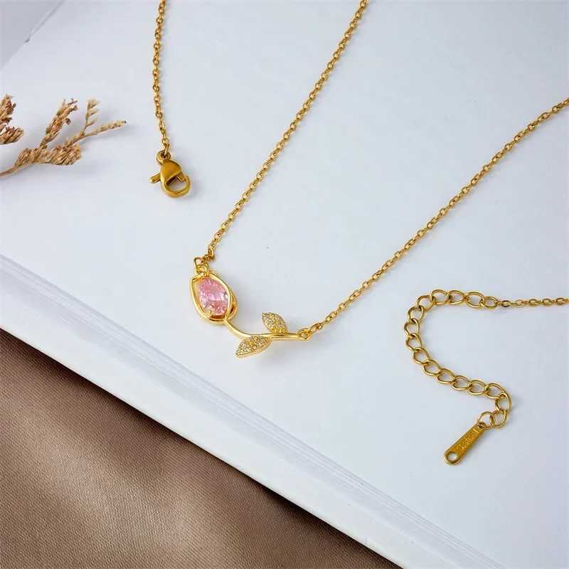 Sweet Colorful Zircon Tulip Pendant Necklaces for Women Girls Stainless Steel Trendy Romantic Jewelry Accessories Gifts Y250605